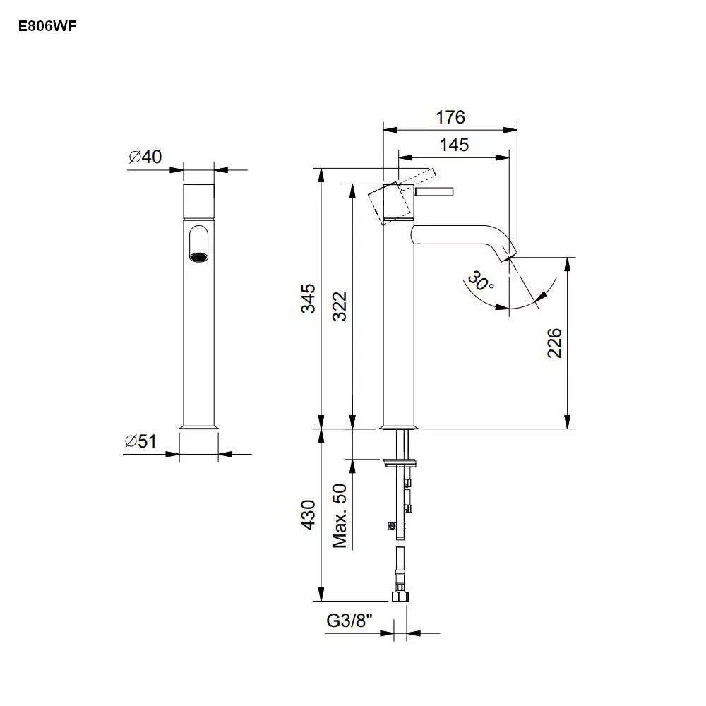 Fantini NOSTROMO Stand-Waschtisch-Eingriffmischer, H:32cm, Griff mit Hebel-5002E806WF