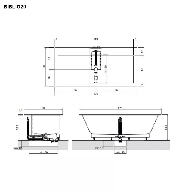 antoniolupi BIBLIO Einbauwanne mit Armaturenrand hinten, 170x80x53,5cm, weiß matt, Ablaufgarnitur weiß matt-BIBLIO20