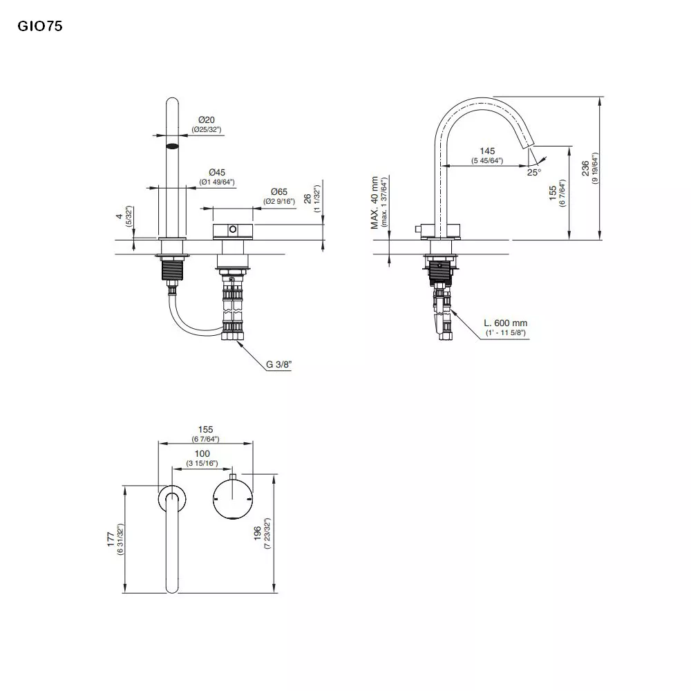 cea GIOTTO PLUS Zweiloch-Eingriffmischer mit Mengenregulierungs-Zapfen und Schwenkauslauf , H:235mm, edelstahl satiniert-GIO75S