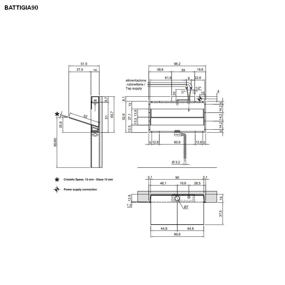 antoniolupi BATTIGIA Wandeinbaubecken mit Glasplatte, B:90cm, ohne Beleuchtung, satiniert-BATTIGIA90_K3