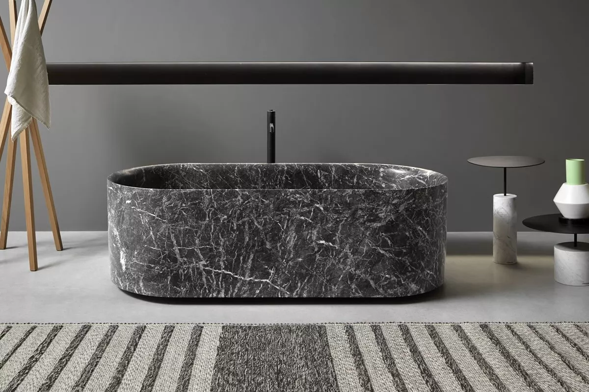 antoniolupi NEBULA freistehende Badewanne aus Naturstein, 175x80x55cm, grigio lavico - NEBULA-GRIGIOLAVICO