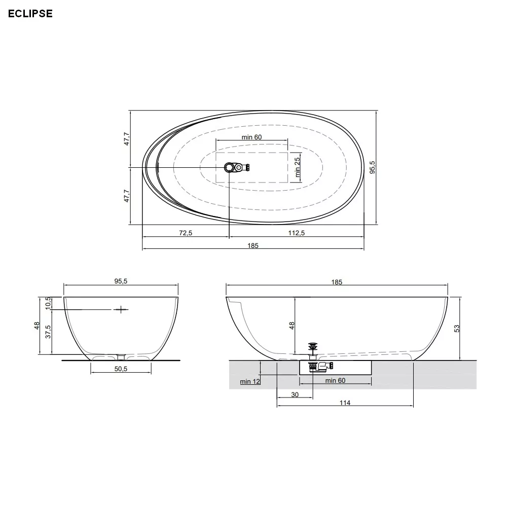 antoniolupi ECLIPSE freistehende Badewanne, 185x95,5x53cm, weiß matt, Ablaufgarnitur graphit-ECLIPSEGR