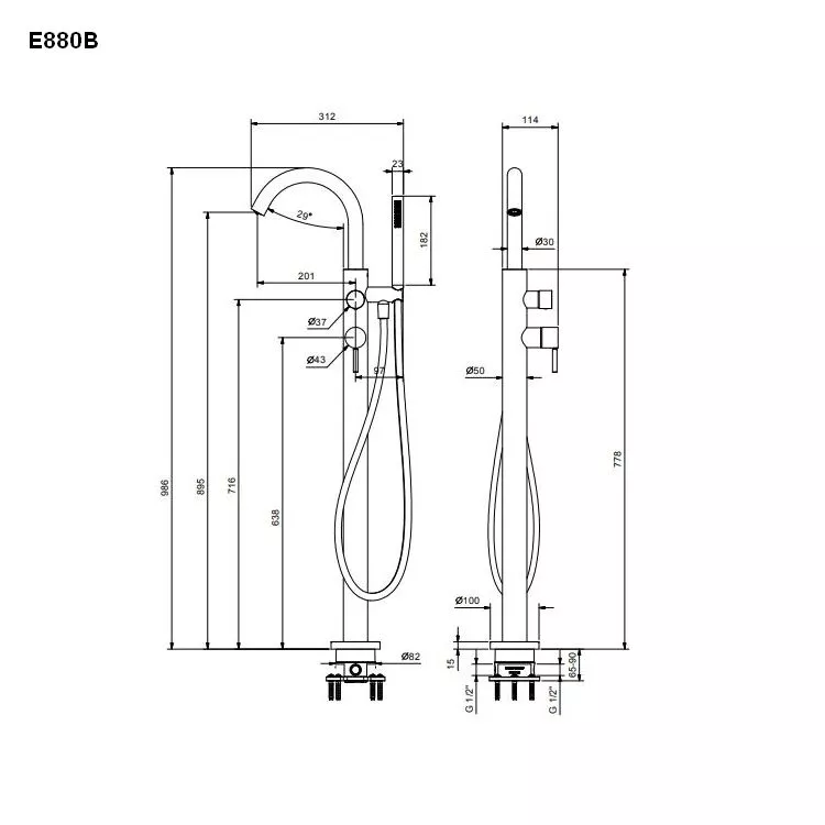 Fantini freistehender Badewannen-Eingriffmischer mit Stabhandbrause FIT-5002E880B