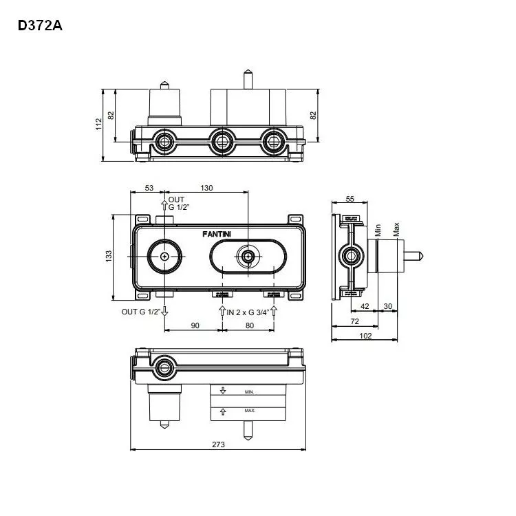 Fantini Unterputz-Einbauteil-Thermostat 3/4¨mit 2-Wege-Umstellung, waagerecht-1900D372A