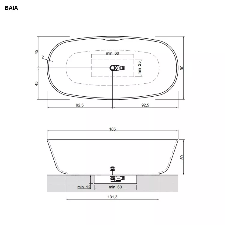 antoniolupi BAÌA Badewanne aus CRISTALPLANT® biobased, 185x90x50cm, weiß matt, Ablaufgarnitur edelstahl satiniert-BAIASA