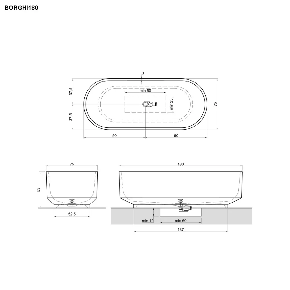 antoniolupi BORGHI freistehende Badewanne aus Cristalmood®, 180x75x53cm, nebbia, Ablaufgarnitur chrom-BORGHI180LU_NEBBIA