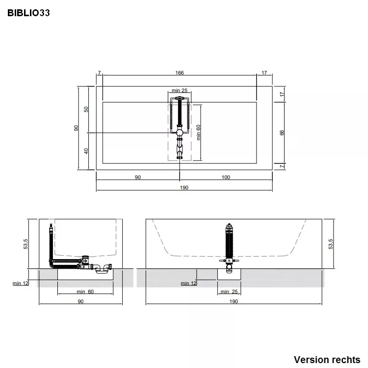 antoniolupi BIBLIO Badewanne mit 2 Armaturenrändern, 190x90x53,5cm, 3 Seiten verkleidet, Version rechts, weiß matt, Ablaufgarnitur edelstahl satiniert-BIBLIO333LSA_DX