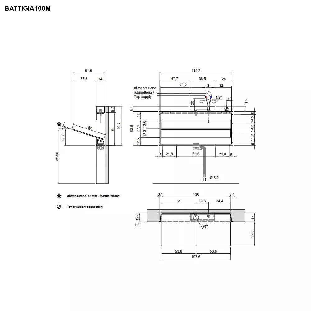 antoniolupi BATTIGIA Wandeinbaubecken mit Marmorplatte, B:108cm, mit LED-Beleuchtung, bianco cararra-BATTIGIA108MLMC