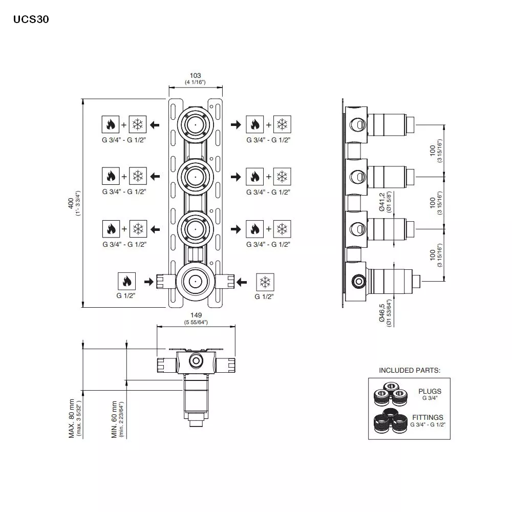 cea Unterputz-Einbauteil-Thermostat mit 3 Absperrventilen, high water flow-UCS30