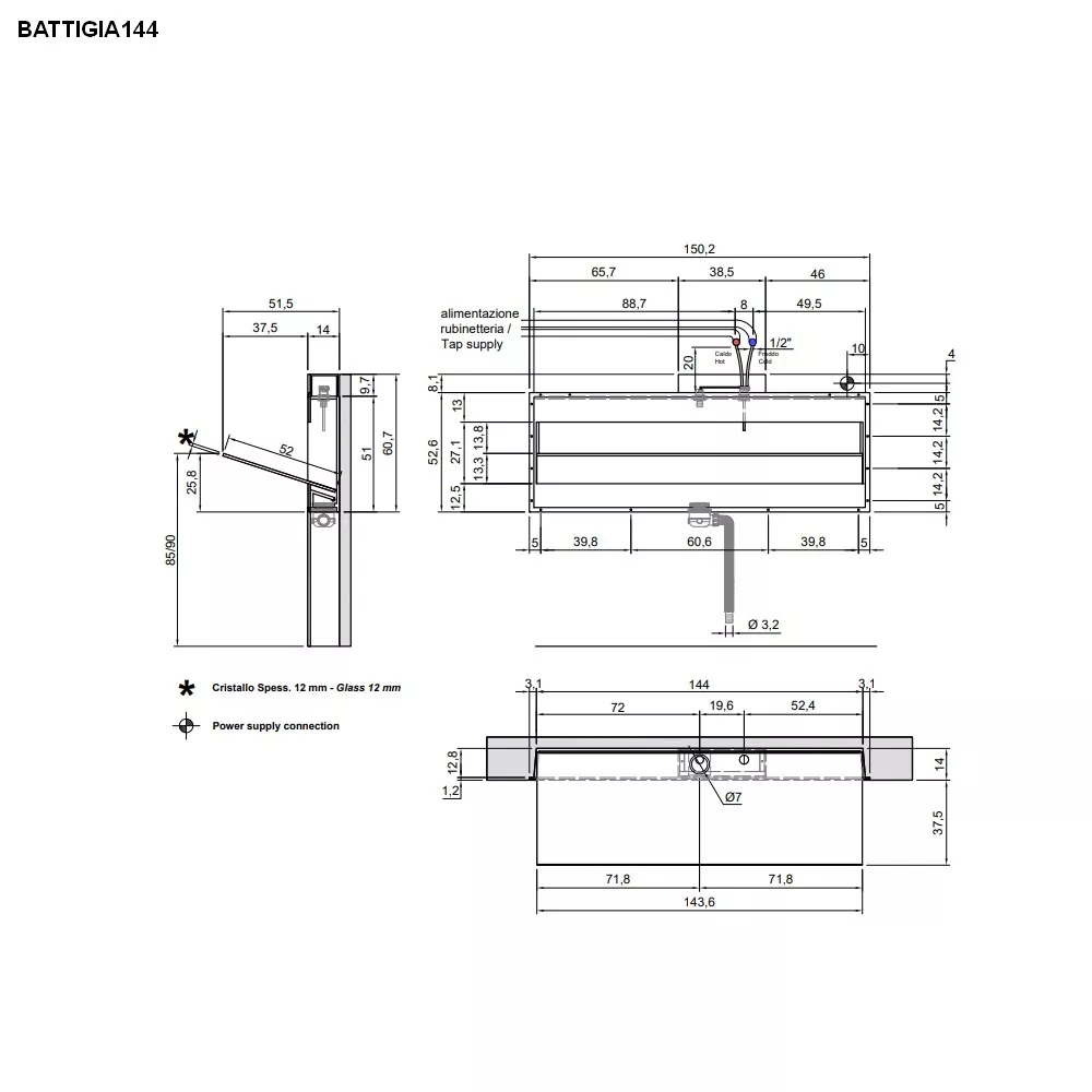 antoniolupi BATTIGIA Wandeinbaubecken mit Glasplatte, B:144cm, ohne Beleuchtung, satiniert-BATTIGIA144_K3