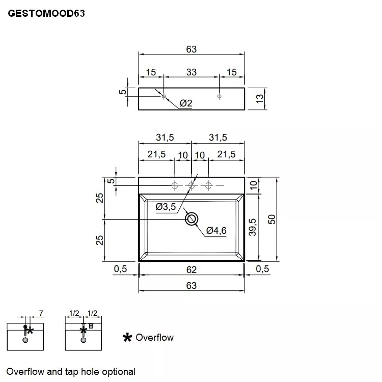 antoniolupi GESTOMOOD rechteckiges Aufsatzbecken, 63x50cm, mit 1 Hahnloch, weiß matt, Ablaufgarnitur weiß matt-GESTOMOOD63-2-1-0-AB