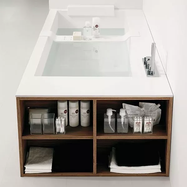 antoniolupi BIBLIO Badewanne mit Armaturenrand hinten und seitlichen Ablagefächern mit Holzverkleidung, 190x80x53,5cm, Version rechts, rovere grigio, Ablaufgarnitur chrom-BIBLIO44LU_ROVERE_GRIGIO_DX