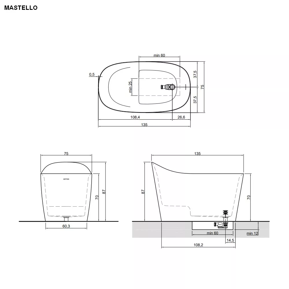 antoniolupi MASTELLO Sitzbadewanne, 135x75x87cm, weiß matt, Ablaufgarnitur weiß matt-MASTELLO