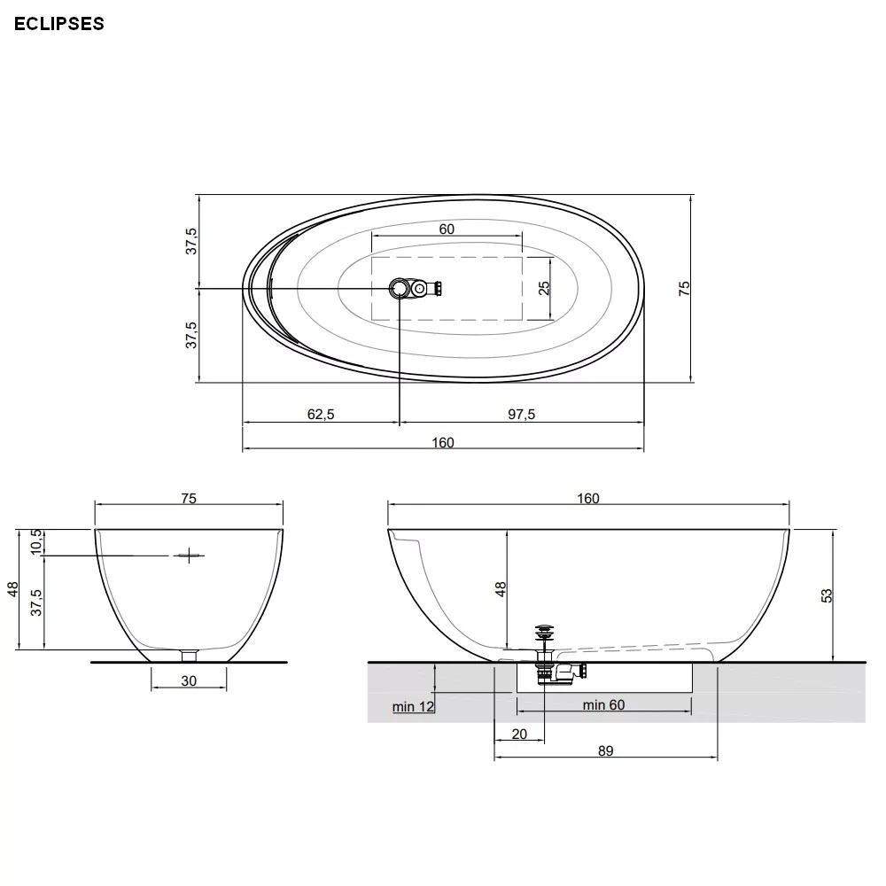 antoniolupi ECLIPSE SMALL freistehende Badewanne, 160x75x53cm, weiß matt, Ablaufgarnitur edelstahl satiniert-ECLIPSESSA