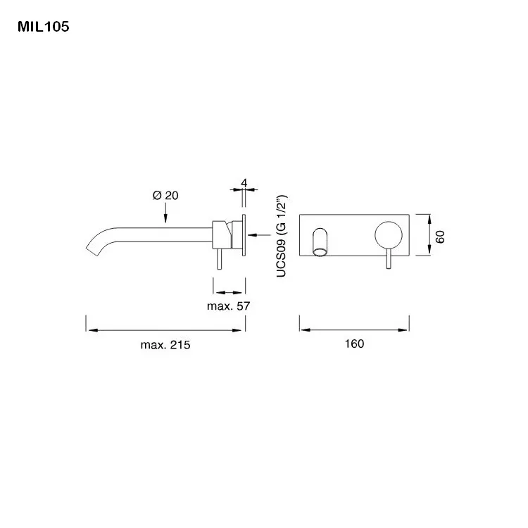 cea MIL 105 Wand-Waschtisch-Eingriffmischer, Ausladung:215mm, edelstahl satiniert-MIL105S