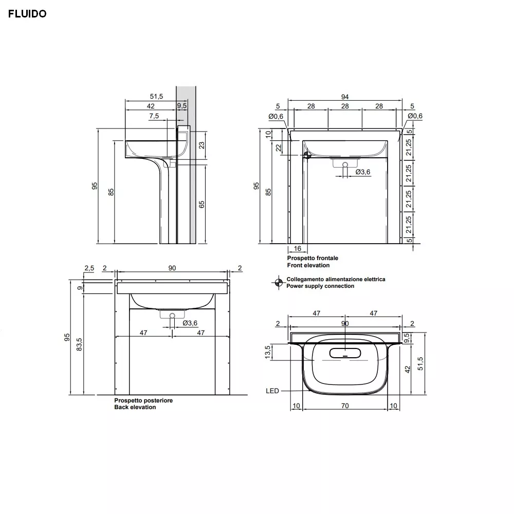 antoniolupi FLUIDO Wandeinbaubecken, 94x51,5x95cm, mit LED-Beleuchtung-FLUIDO