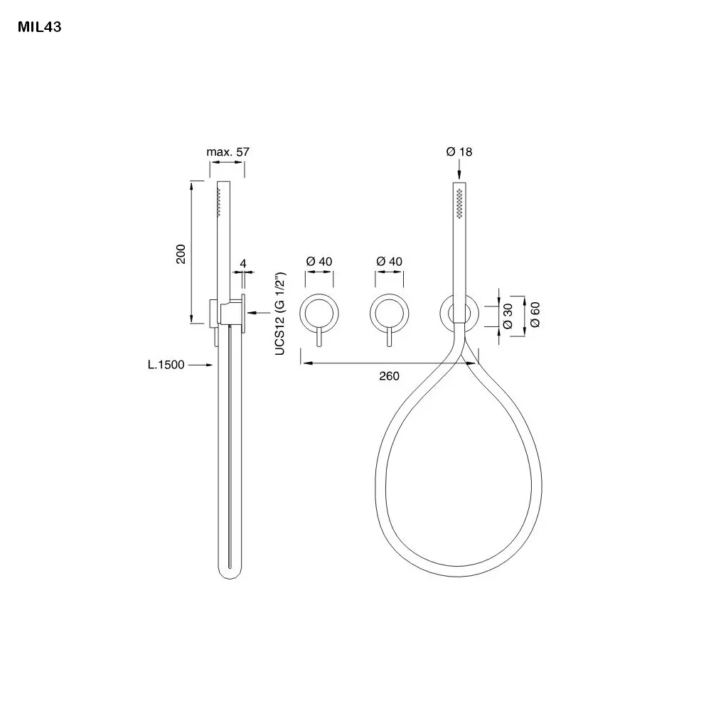 cea MIL 43 Wand-Brause-Doppel-Eingriffmischer mit Stabhandbrause, edelstahl satiniert, Schlauch weiß-MIL43WS