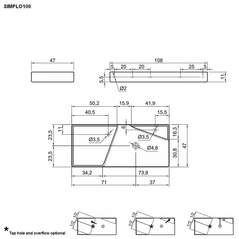 antoniolupi SIMPLO rechteckiges Wandbecken, 108x47cm, ohne Hahnloch, weiß matt, Ablaufgarnitur weiß matt - SIMPLO108-2-B-0-0-WB