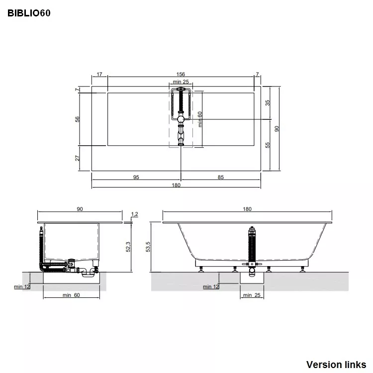 antoniolupi BIBLIO Einbauwanne mit 2 Armaturenrändern, 180x90x53,5cm, Version rechts, Ablaufgarnitur weiß matt-BIBLIO60_DX