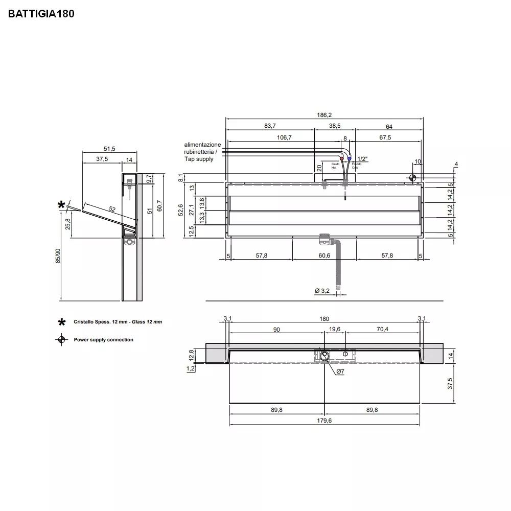 antoniolupi BATTIGIA Wandeinbaubecken mit Glasplatte, B:180cm, mit LED-Beleuchtung, satiniert-BATTIGIA180L_K3