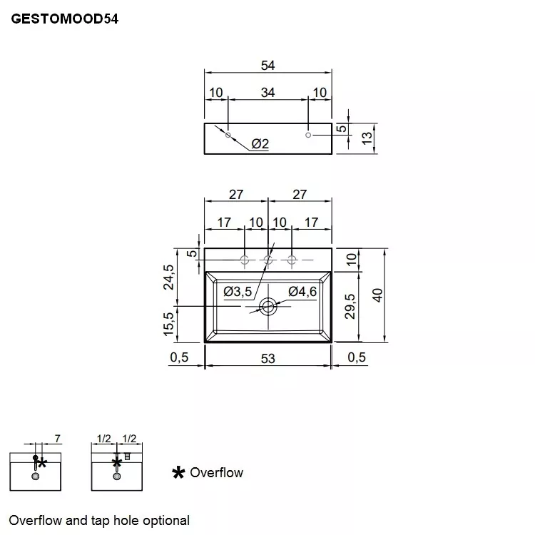 antoniolupi GESTOMOOD rechteckiges Wand- oder Aufsatzwaschbecken, 54x40cm, mit Hahnloch, weiß matt, Ablaufgarnitur weiß matt-GESTOMOOD54_1_0