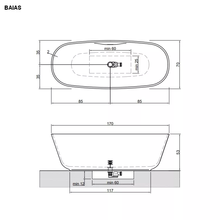 antoniolupi BAÌA SMALL Badewanne aus CRISTALPLANT® biobased, 170x70x53cm, weiß matt, Ablaufgarnitur edelstahl satiniert-BAIASSA