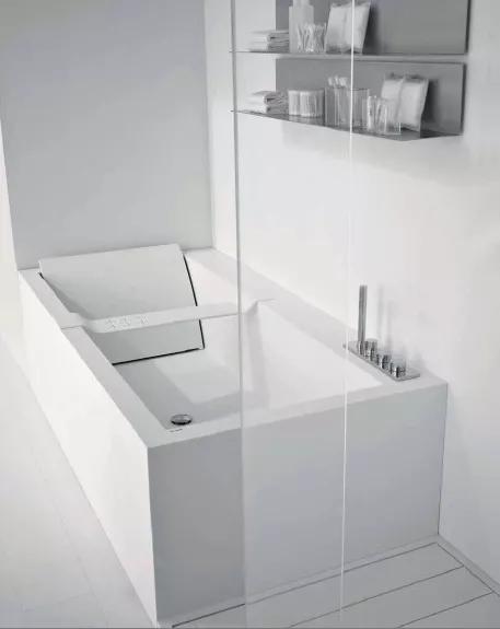 antoniolupi BIBLIO Badewanne mit Armaturenrand hinten, 180x90x53,5cm, 3 Seiten verkleidet, weiß matt, Ablaufgarnitur edelstahl satiniert-BIBLIO233LSA