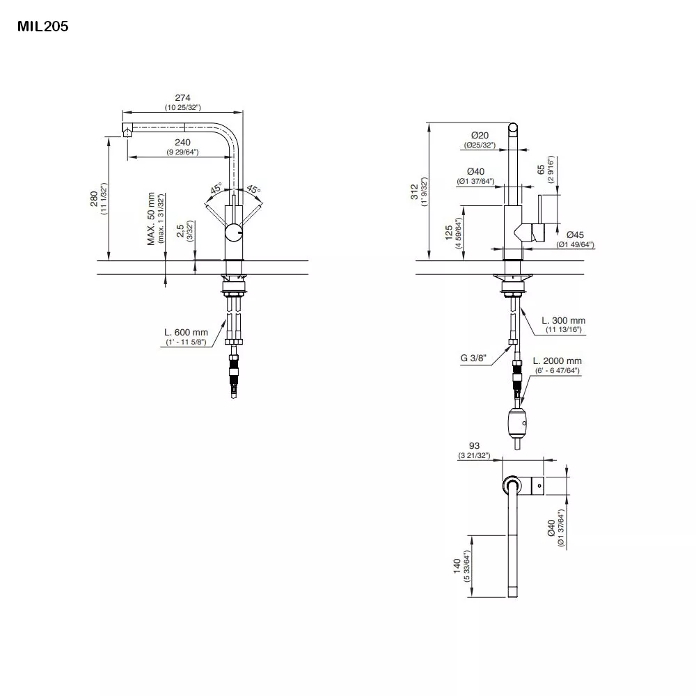 cea MIL 205 Küchen-Eingriffmischer mit Schwenkauslauf und Pull-out Handbrause, edelstahl satiniert-MIL205S