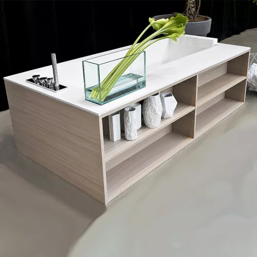 antoniolupi BIBLIO Badewanne mit Frontablagefächern aus Holz und seitlichem Armaturenrand, 180x90x53,5cm, Version links, rovere naturale, Ablaufgarnitur weiß matt-BIBLIO64_ROVERE_NATURALE_SX