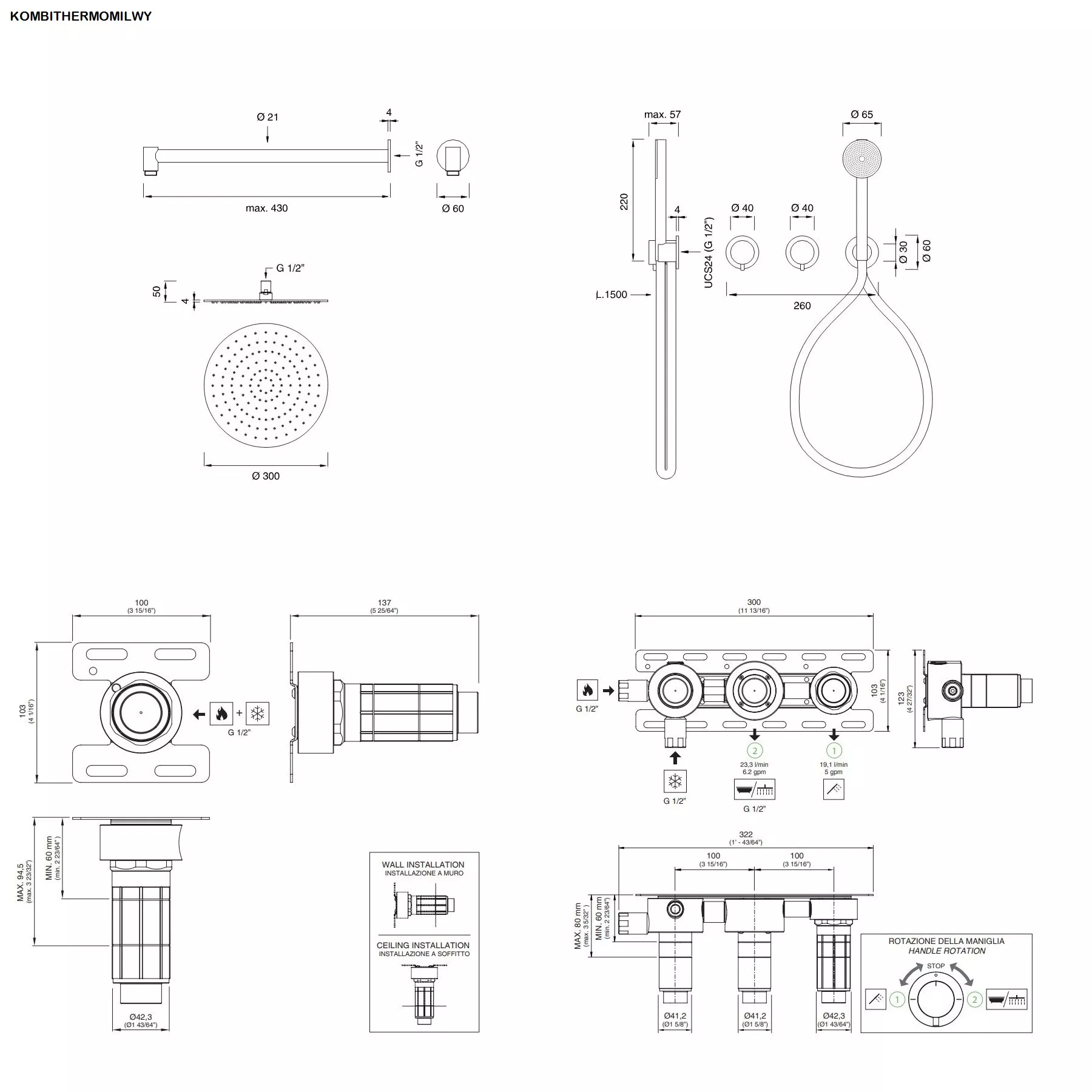 ceadesign MILO360 Wand-Brause-Thermostat mit 2-Wege-Umstellung, Rundkopfhandbrause D:65mm und Wandregenbrause FRE35, edelstahl satiniert