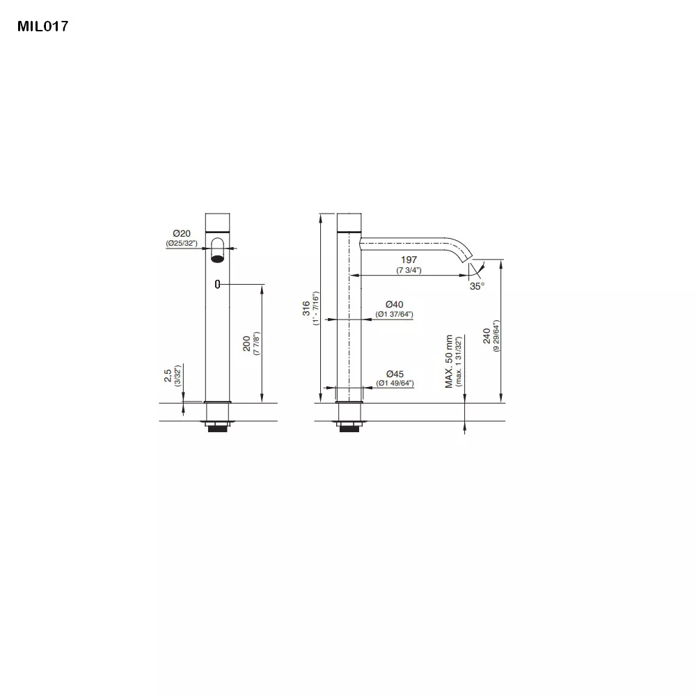 cea MIL 017 berührungslose Waschtischarmatur mit Temperaturregulierung, H:315mm, edelstahl satiniert-MIL017S