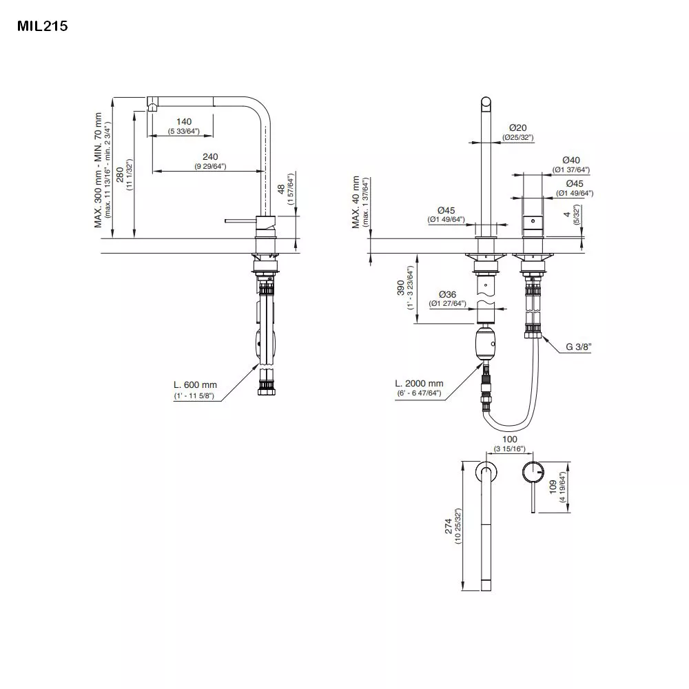 cea MIL 215 Küchen-Zweiloch-Eingriffmischer mit Up and down Schwenkauslauf und Pull-out Handbrause, edelstahl satiniert-MIL215S