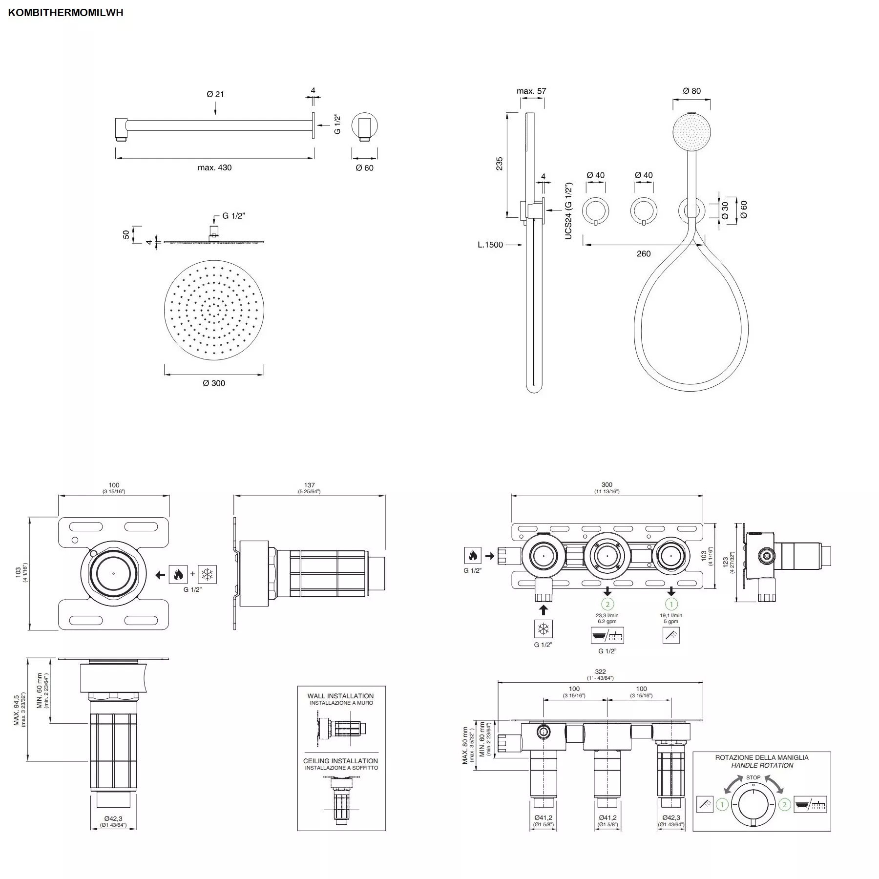 ceadesign MILO360 Wand-Brause-Thermostat mit 2-Wege-Umstellung, Rundkopfhandbrause D:80mm und Wandregenbrause FRE35, edelstahl satiniert