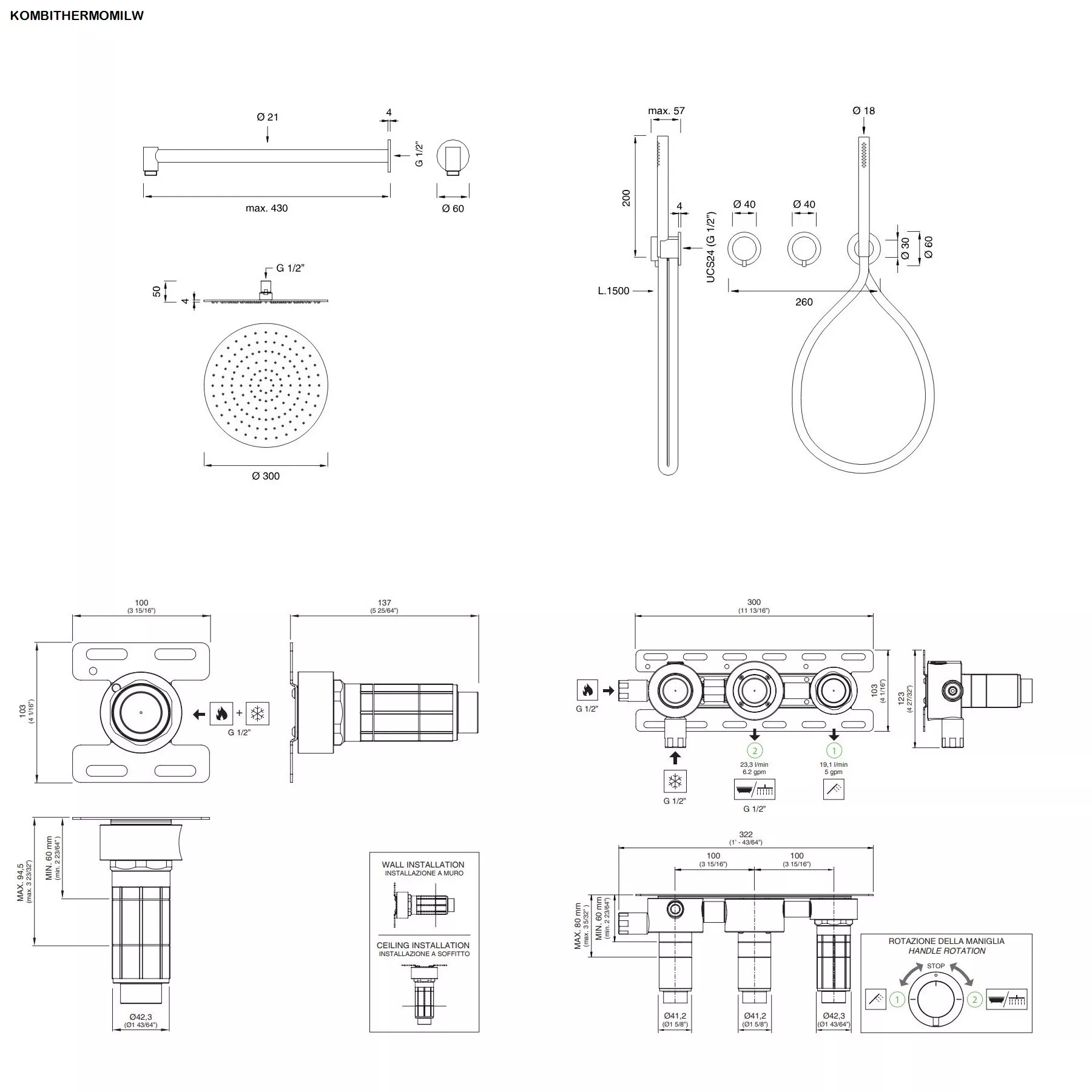 ceadesign MILO360 Wand-Brause-Thermostat mit 2-Wege-Umstellung, Stabhandbrause und Wandregenbrause FRE35, edelstahl satiniert