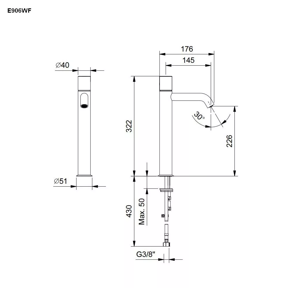 Fantini NOSTROMO Stand-Waschtisch-Eingriffmischer, H:32cm, Griff ohne Hebel-5002E906WF