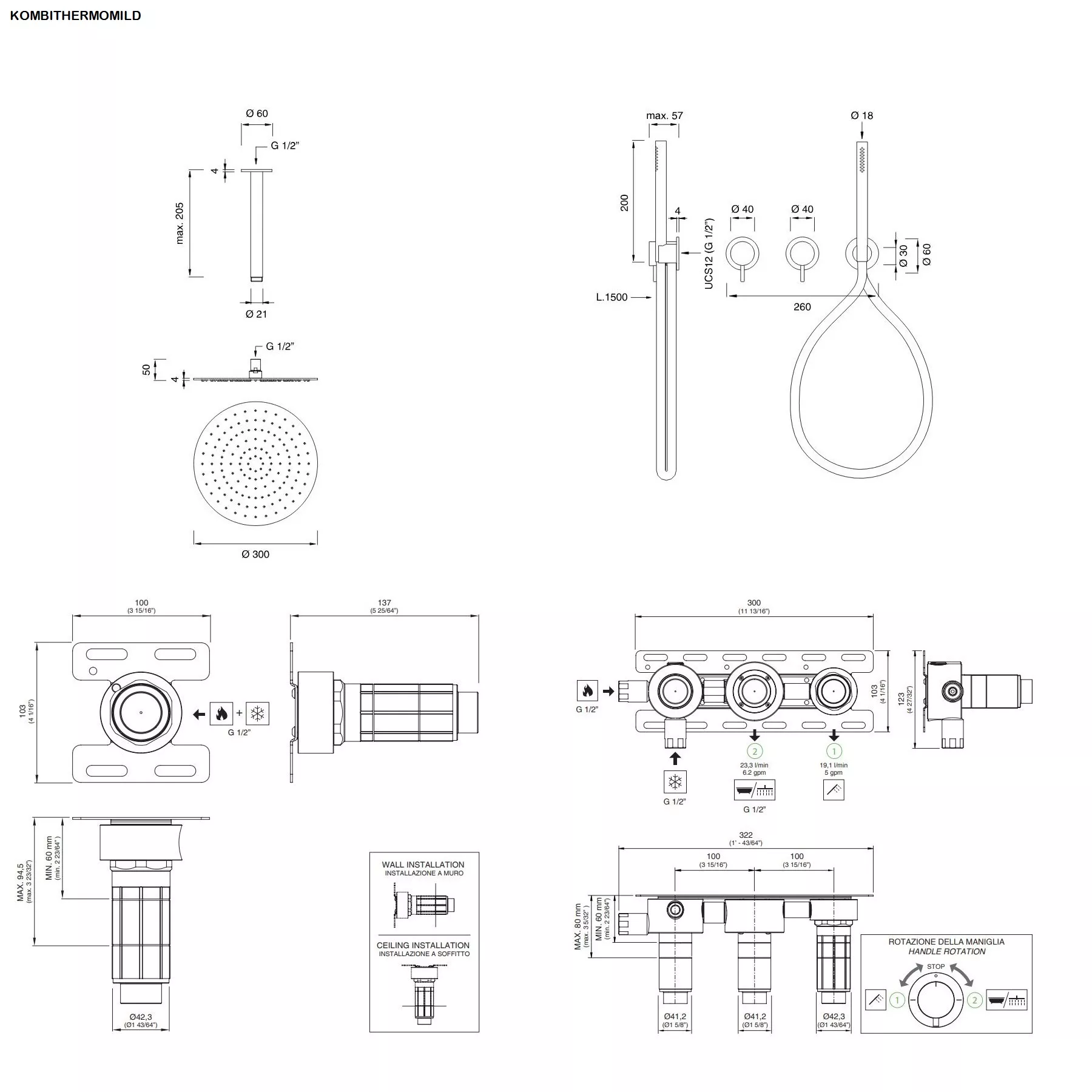 ceadesign MILO360 Wand-Brause-Thermostat mit 2-Wege-Umstellung, Stabhandbrause und Deckenregenbrause FRE35, edelstahl satiniert