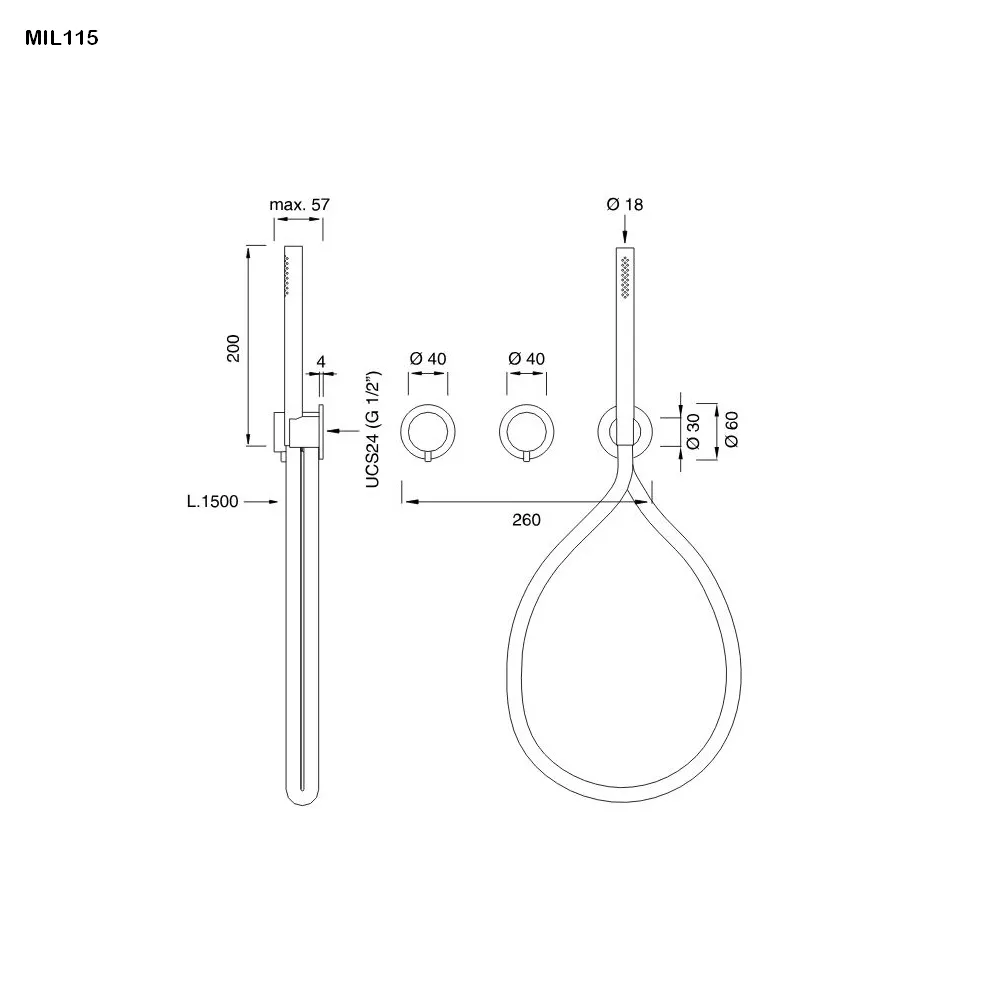 cea MIL 115Y Wand-Brause-Thermostat mit 2-Wege-Umstellung und Rundkopf-Handbrause D:65mm, edelstahl satiniert, Schlauch weiß-MIL115YWS