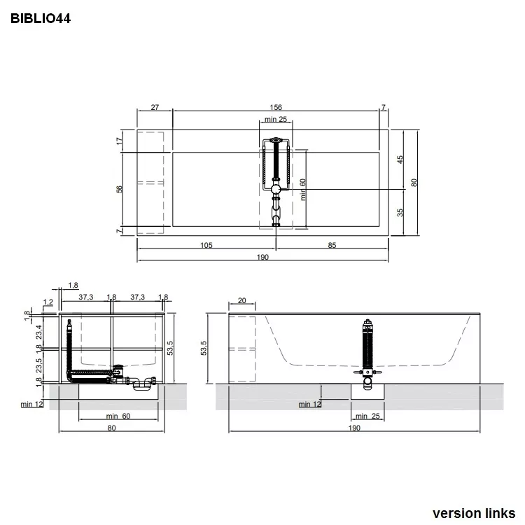 antoniolupi BIBLIO Badewanne mit Armaturenrand hinten und seitlichen Ablagefächern mit Holzverkleidung, 190x80x53,5cm, Version rechts, rovere grigio, Ablaufgarnitur chrom-BIBLIO44LU_ROVERE_GRIGIO_DX