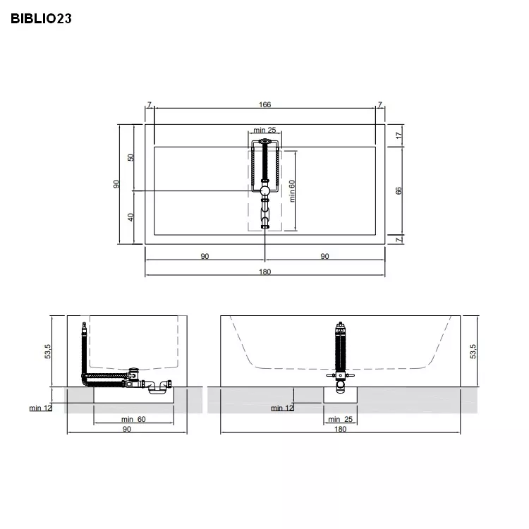 antoniolupi BIBLIO Badewanne mit Armaturenrand hinten, 180x90x53,5cm, 3 Seiten verkleidet, weiß matt, Ablaufgarnitur edelstahl satiniert-BIBLIO233LSA