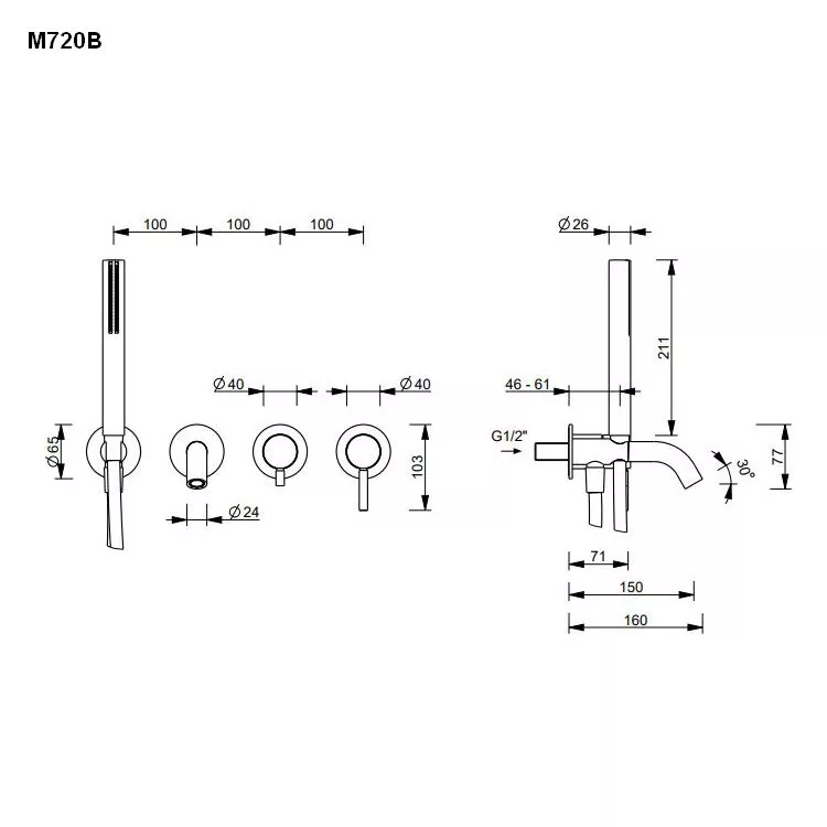 Fantini Wand-Wannen-Eingriffmischer mit 2-Wege-Umstellung mit Rosetten-5002M720B