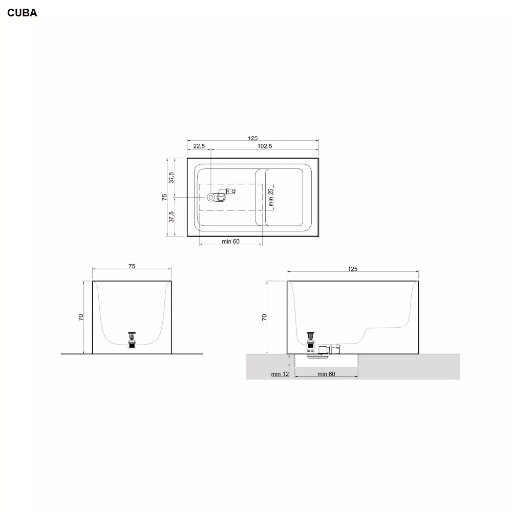 antoniolupi CUBA freistehende Rechteck-Badewanne, 125x75x70cm, weiß matt-CUBA_2