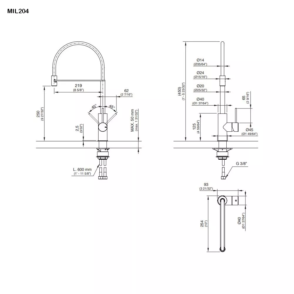 cea MIL 204 Küchen-Eingriffmischer mit Schwenkauslauf und flexibler Handbrause, edelstahl satiniert, Schlauch schwarz-MIL204BKS