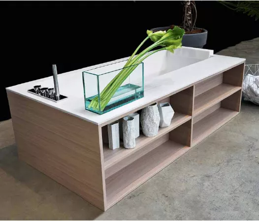 antoniolupi BIBLIO Badewanne mit Frontablagefächern aus Holz und seitlichem Armaturenrand, 180x90x53,5cm, Version links, rovere naturale, Ablaufgarnitur weiß matt-BIBLIO64_ROVERE_NATURALE_SX