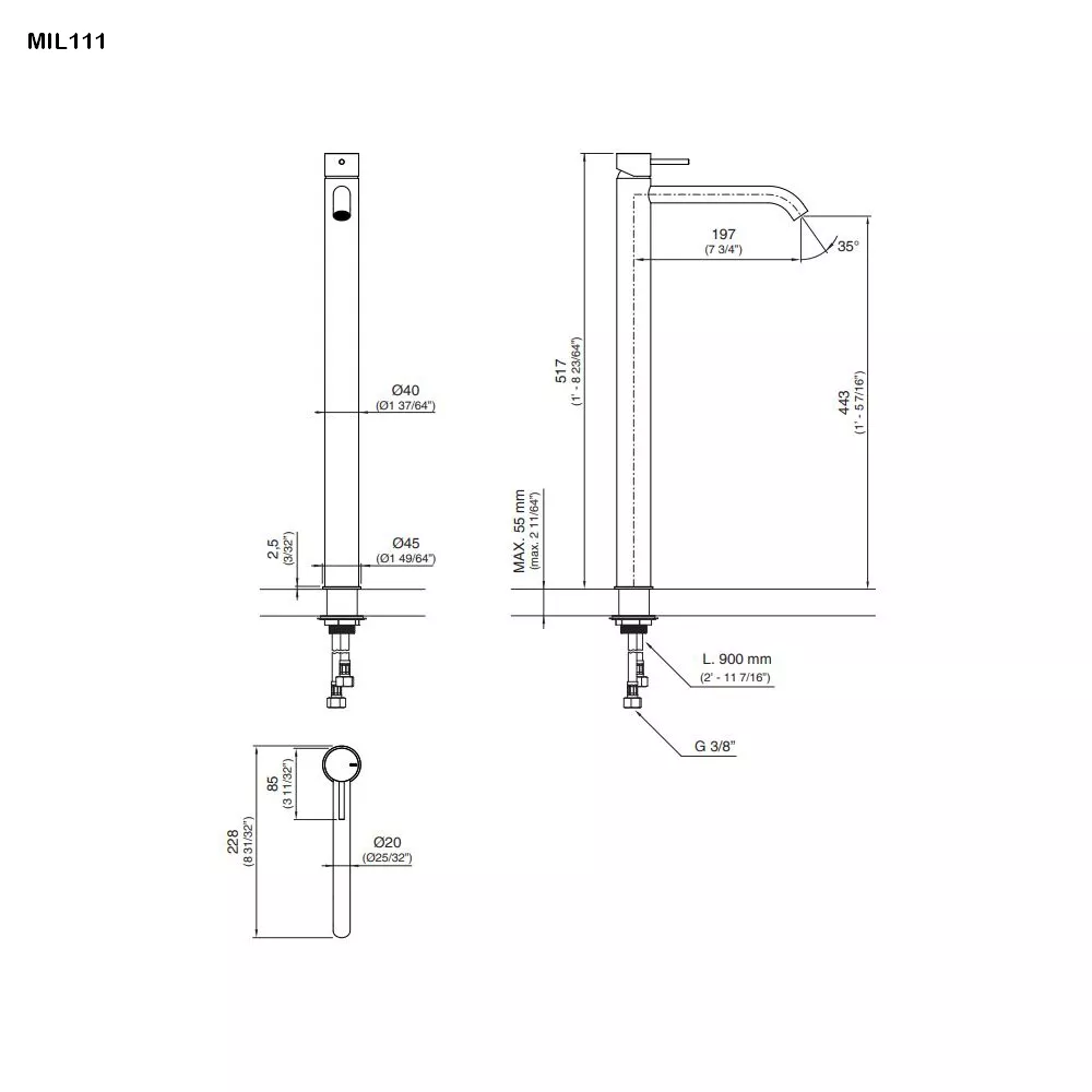 cea MIL 111 Waschtisch-Eingriffmischer, H:515mm, edelstahl satiniert-MIL111S