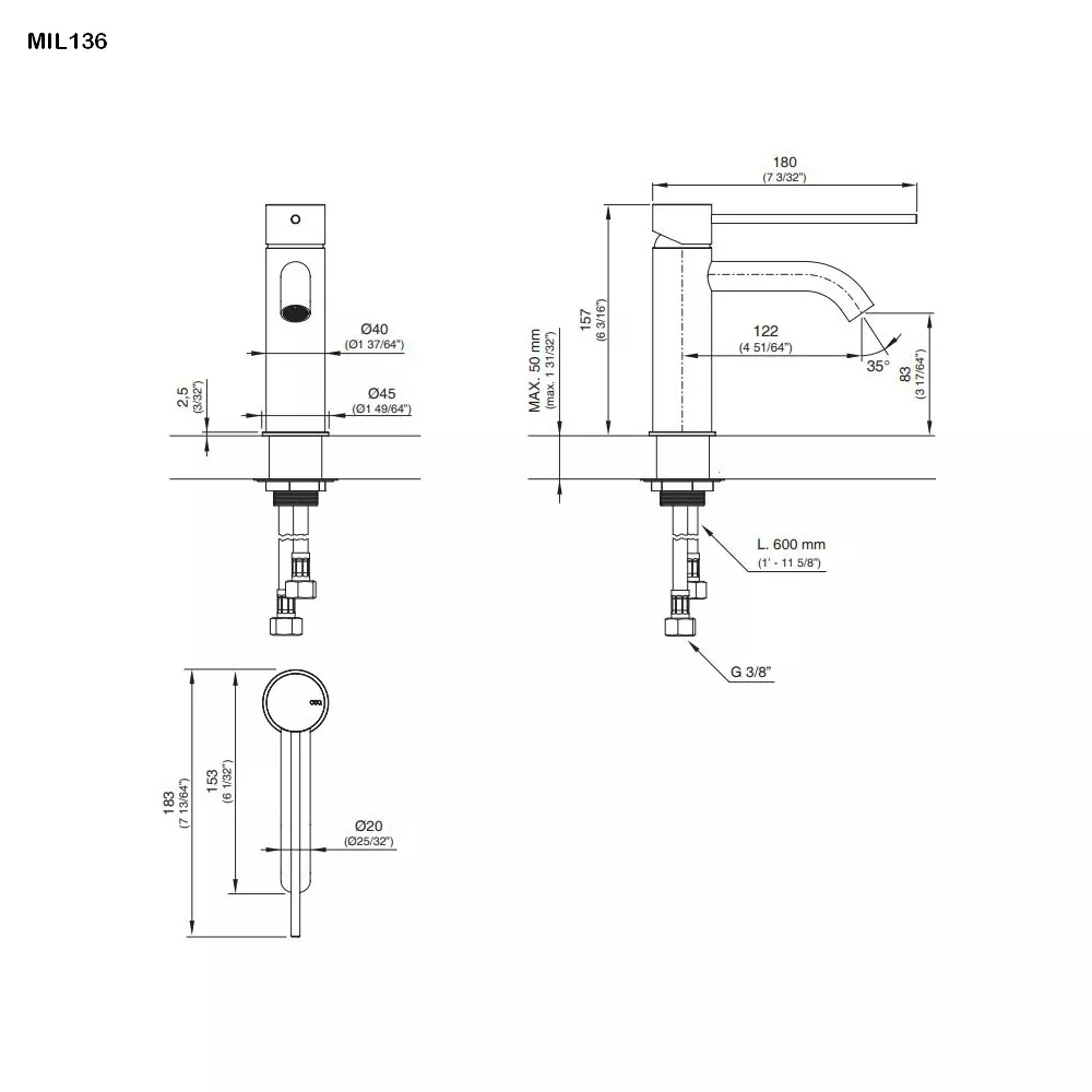 cea MIL 136 Waschtisch-Eingriffmischer mit langem Hebel, H:155mm, edelstahl satiniert-MIL136S