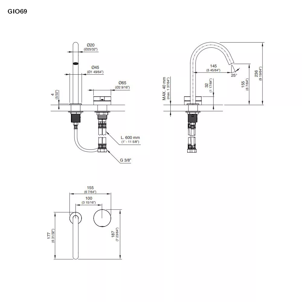 cea GIOTTO PLUS Zweiloch-Eingriffmischer mit Schwenkauslauf , H:235mm, edelstahl satiniert-GIO69S