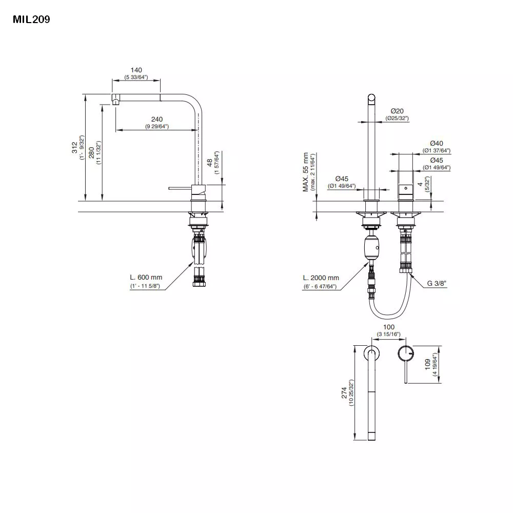 cea MIL 209 Küchen-Zweiloch-Eingriffmischer mit Schwenkauslauf und Pull-out Handbrause, edelstahl satiniert-MIL209S