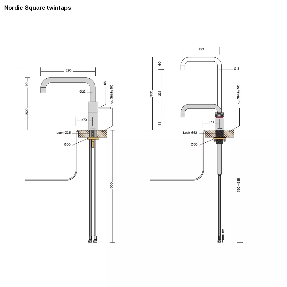 Quooker Nordic Square Twintaps Mischbatterie und Kochendwasserspender für Warmwasseranschluss-3NSCHRTT