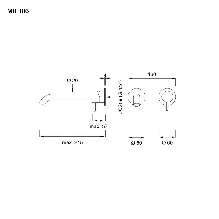 cea MIL 106 Wand-Waschtisch-Eingriffmischer, Ausladung:215mm, edelstahl satiniert-MIL106S