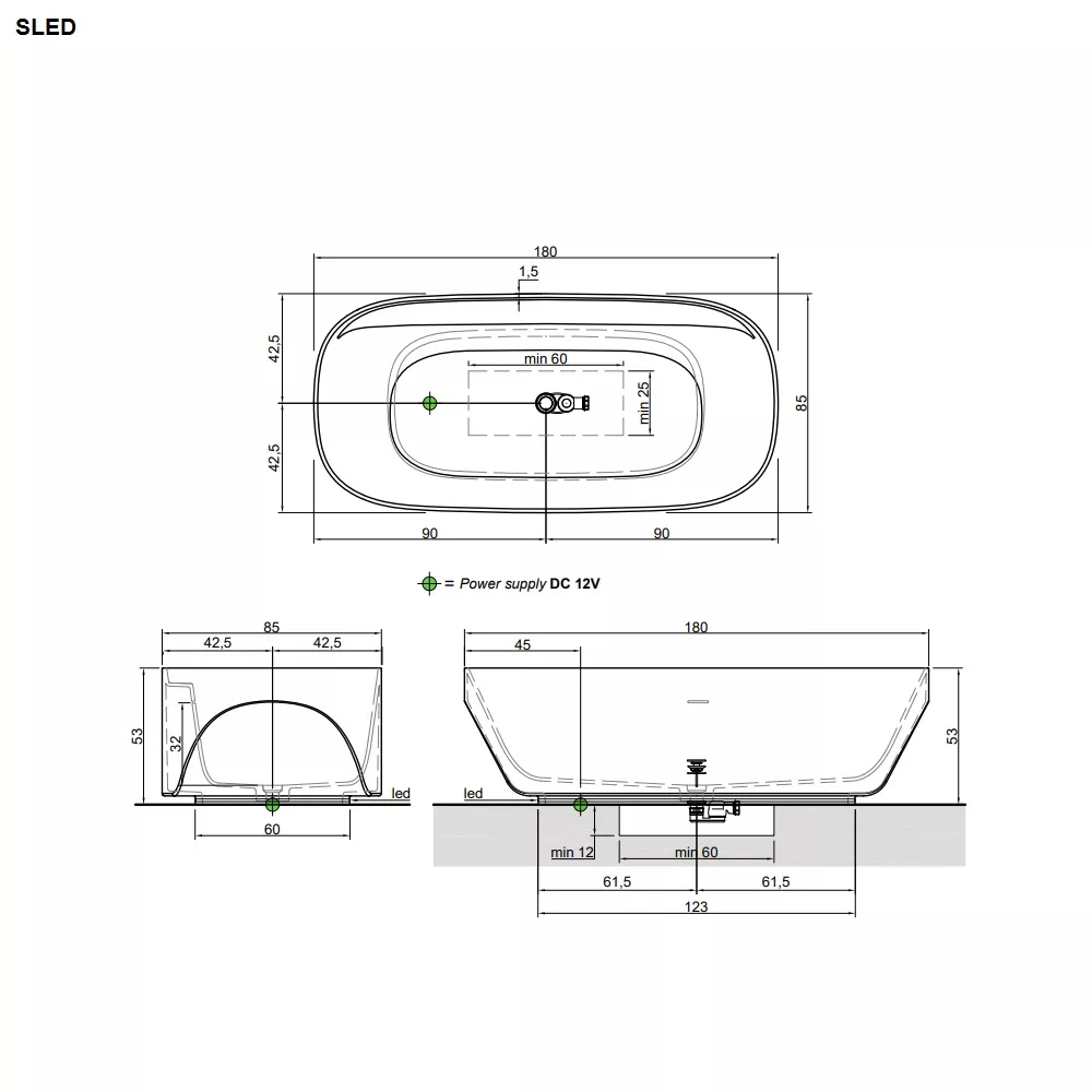 antoniolupi SLED freistehende Badewanne, 180x85x53cm, mit Beleuchtung, weiß matt - SLED-2-LED